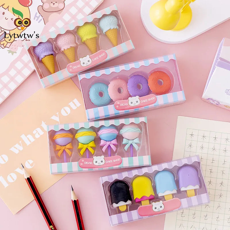 4Pieces/Boxes Kawaii Lollipop Sweety Ice Cream Student Stationery School Office Supplies Children Erasers For Kids Pencil Eraser