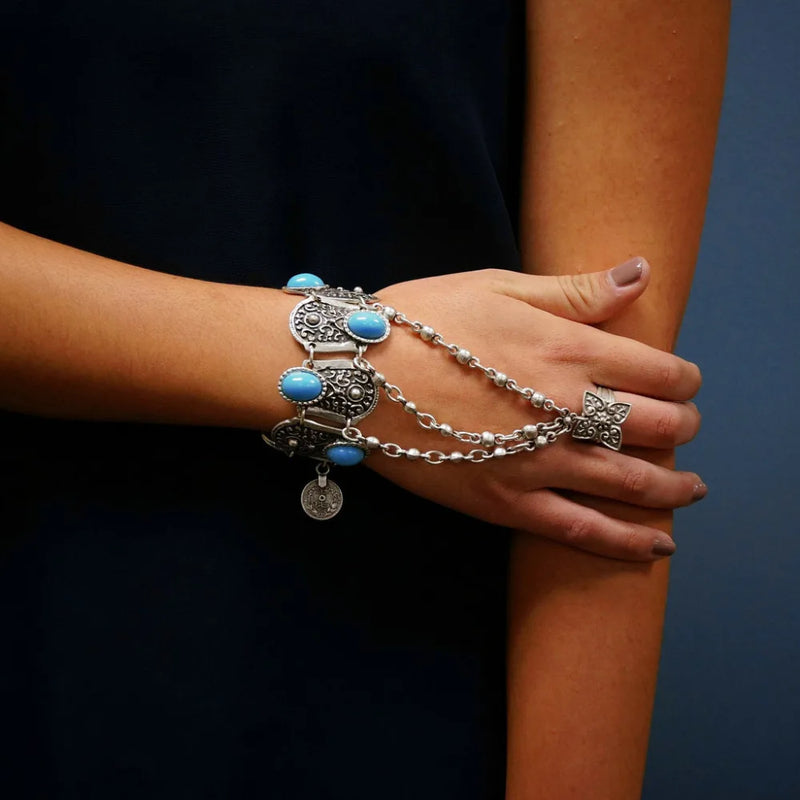 Gypsy Boho Ethnic Finger Bracelet For Women Coin Tassel Acrylic Stone Beads Man&