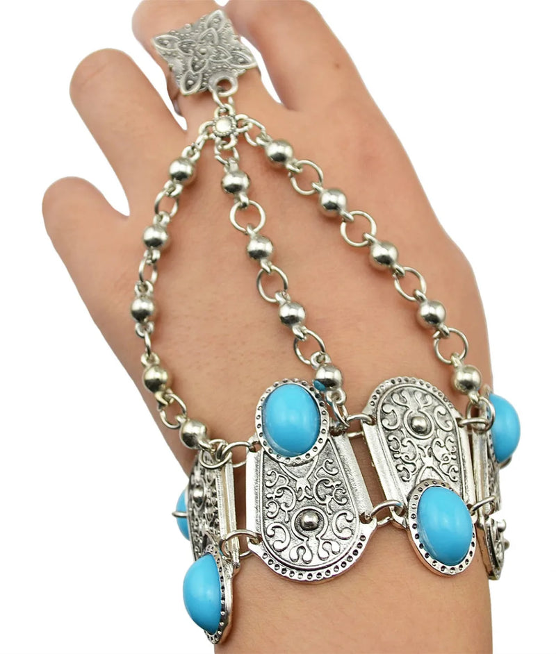 Gypsy Boho Ethnic Finger Bracelet For Women Coin Tassel Acrylic Stone Beads Man&
