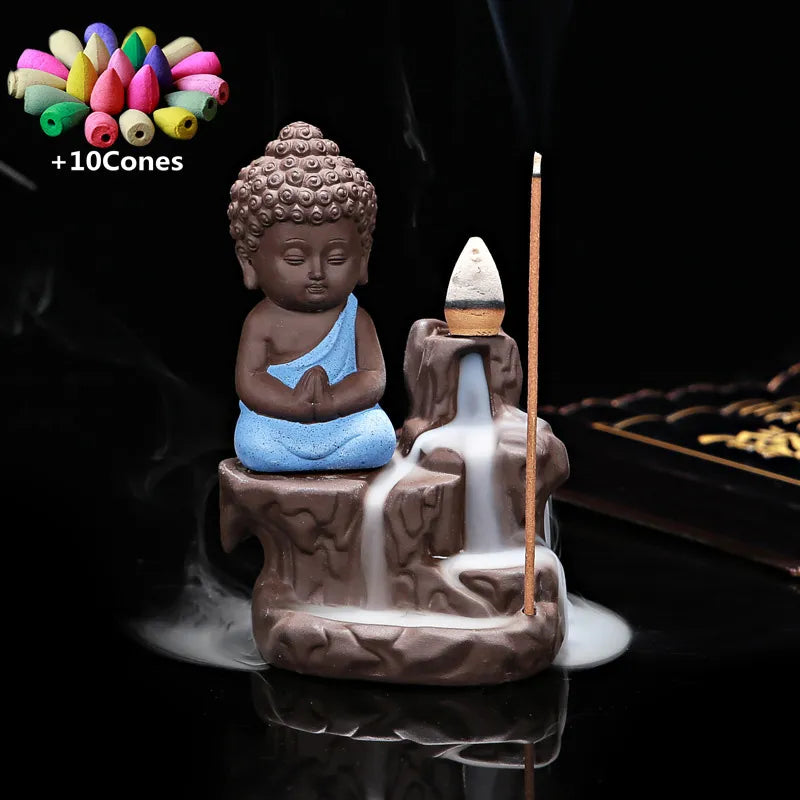 With 10Cones The Little Monk Censer Creative Home Decor Small Buddha Incense Holder Backflow Incense Burner Use In Home Teahouse